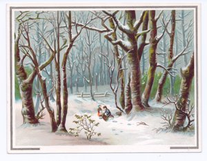 Cartão de felicitações vitoriano de duas crianças que recolhem ramos na neve, c.1880 (cor litho) de English School