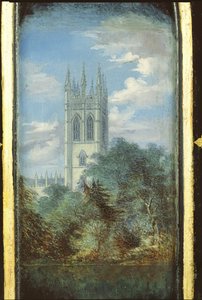 Painel de gabinete de costura vitoriana decorado com uma cena do Magdalen College, Oxford (papel machê) de English School