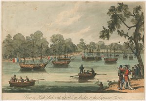 Veja em Hyde Park com a frota na âncora no rio serpentino. Naumachia Paz de 1814 de English School