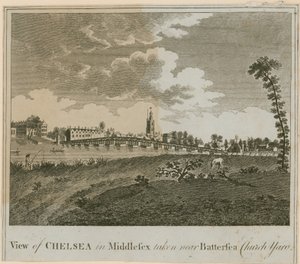 Vista, de, chelsea, em, middlesex, levado, perto, Battersea, igreja, jarda de English School