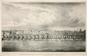 Vista da antiga ponte de Londres como no reinado da rainha Elizabeth I de English School