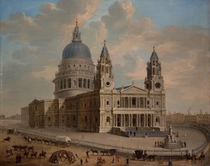 Vista da Catedral de São Paulo com Figuras em Primeiro Plano, c.1725 (óleo sobre tela) de English School