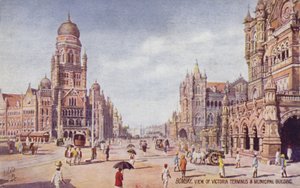 Vista do Victoria Terminus e do Edifício Municipal, Bombaim (litografia a cores) de English School