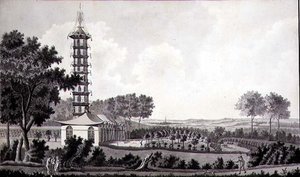 Vista de um jardim holandês com um Pagode chinês, c.1770 (caneta e tinta com aquarela sobre papel) de English School