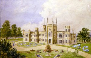 Vista de uma casa de campo estilo gótico com um jardim formal, c.1840 (aguarela sobre papel) de English School