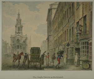 Vista da Taberna da Águia no Strand, Westminster, com um homem a descarregar produtos de uma carroça puxada por cavalos na estrada e St Mary le Strand na distância, c.1800 (aguarela sobre papel) de English School