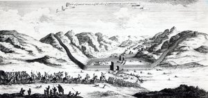 Vista da Grande Muralha do lado onde o embaixador entrou na China, de "Uma coleção de viagens e viagens" de John Harris, 1748 de English School