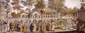 Vista do Baile do Jubileu, Jardins Ranelagh, em comemoração ao aniversário de George, Príncipe de Gales, 24 de maio de 1759 (gravura colorida à mão) de English School