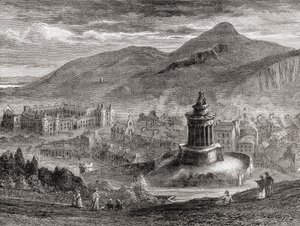 Vista sobre Edimburgo do Monumento às Queimaduras em Calton Hill, de "Fotos escocesas desenhadas com caneta e lápis", de Samuel G. Green, publicado em 1886 de English School