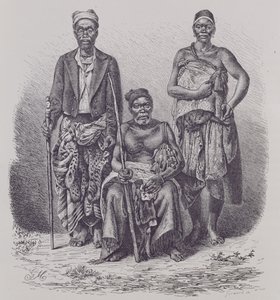 Chefe da aldeia da Costa do Loango, com esposa e dignitário, gravado a partir de uma fotografia do Dr. Falkenstein, de "The History of Mankind", Vol. 1, do Prof. Friedrich Ratzel, 1896 de English School