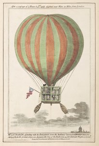 Vincent Lunardi transportado pelo ar após a sua ascensão de Moorfields, Setembro de 1784 (gravura colorida) de English School