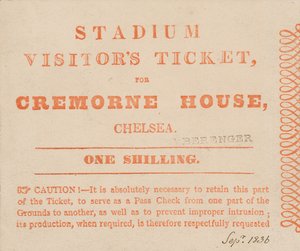 Bilhete de visitantes para o estádio, Cremorne House, Londres, setembro de 1836 de English School