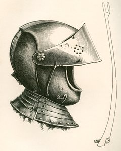 Capacete visitado datado de c.1643. A peça ao lado é o adereço da viseira, em tamanho real, utilizado para manter a viseira em ângulos diferentes de acordo com o entalhe utilizado, do Exército Britânico: As suas Origens, Progresso e Equipamento, publicado  de English School