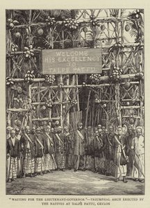"À Espera do Tenente-Governador", Arco Triunfal erigido pelos Nativos em Talpe Pattu, Ceilão (gravura) de English School