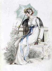 Vestido de passeio, placa de moda do Repositório de Artes da Ackermann (gravura colorida) de English School