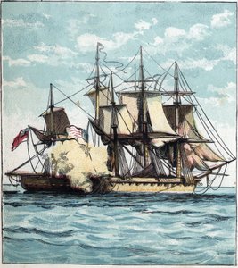 Guerra de 1812 entre os Estados Unidos e a Grã-Bretanha: o fregate de Chesapeake durante a batalha naval contra a fragata britânica "Shannon" em 01/06/1813 ao largo de Boston. "Chesapeake e Shannon". de English School
