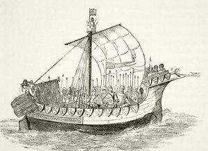 Navio de Guerra no século 15, de "A História Nacional e Nacional da Inglaterra", de William Hickman Smith Aubrey (1858-1916) publicou Londres, c.1890 de English School