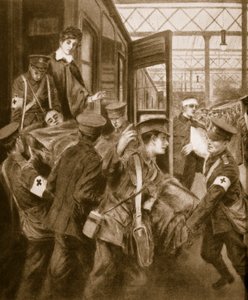 Feridos de guerra chegando a um terminal de trem de Londres, 1914-19 de English School