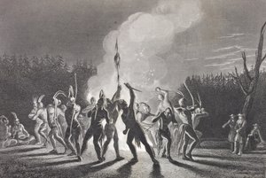 Washington e Fairfax em uma dança de guerra indiana, 1748, da "Galeria de Retratos Históricos", publicada em 1880 de English School