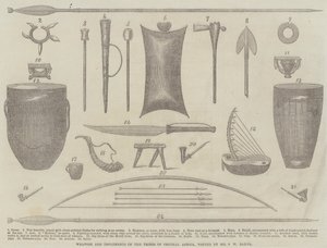 Armas e Implementos das Tribos da África Central, visita do Sr. S W W Baker (gravura) de English School