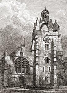 Frente oeste do Kings College, Aberdeen como era no século XIX, mostrando as capelas da torre da coroa, de Uma Breve História do Povo Inglês por JR Green, publicado em 1893 de English School