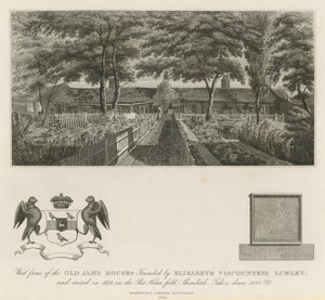 Frente oeste das antigas casas de esmolas fundadas por Elizabeth Viscondessa Lumley (gravura) de English School