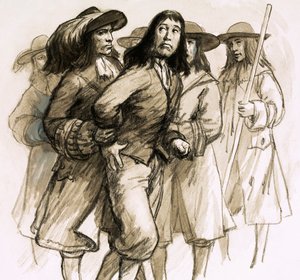 Quando James II abdicou, o odiado Juiz Jeffreys fugiu pela sua vida (guache no papel) de English School