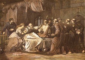 Wicliffe em seu leito de morte assaltado pelos Frades, gravado por T. Bolton de English School