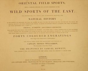 Wild Sports Of The East: frontispício de "Oriental Field Sports, a Collection of Drawings", pub. por Edward Orme de English School