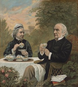William Ewart Gladstone, político liberal britânico e primeiro-ministro, tomando chá com sua esposa Harriet, 1891