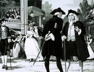 William Hogarth dá um passeio em Vauxhall Gardens (guache no papel) de English School