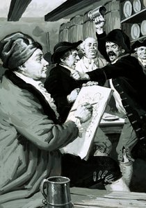 O primeiro desenho satírico de William Hogarth foi inspirado por uma rixa de taberna (guache no papel) de English School