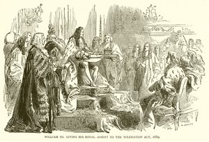 William III dando seu consentimento real para o Ato de Tolerância, 1689 de English School