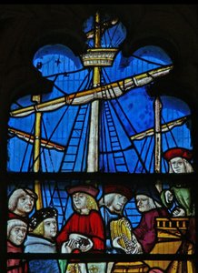 Janela SaEw retratando uma cena de uma lenda de São Nicolau: os navios graneleiros descarregam em Myra de English School