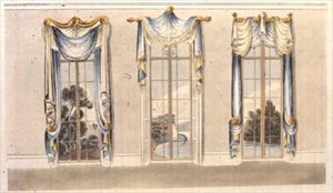 Cortinas de janela, placa 112 do Repositório de Artes de Ackermann, publicado em 1820 (cor litho) de English School