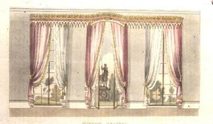 Cortina de janela, placa 114 do Repositório de Artes de Ackermann, publicada em 1820 (cor litho) de English School