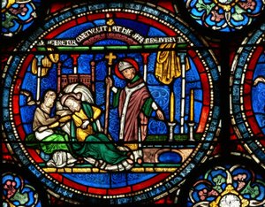 Janela n4 retratando uma cena de um St Thomas Becket Janela milagrosa: Julia Puintel disse para ir ao túmulo de English School