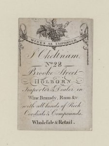 Comerciantes de vinhos, J Cheltnam, cartão de comércio de English School