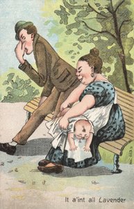 Mulher mudando um bebê no parque (cor litho) de English School