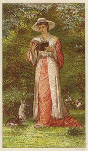 Mulher lendo um livro em um jardim com coelhos (lito colorido) de English School