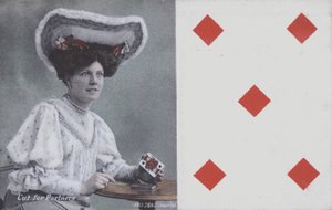 Mulher com cartas de jogar e os cinco de ouros (cor litho) de English School