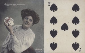 Mulher com cartas de jogar e as nove de espadas (cor litho) de English School