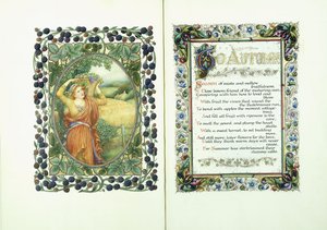 Mulher com a cesta de colheita (verso) e manuscrito iluminado com versos de &39;Para o outono&39; (frente) e bordas decorativas de English School