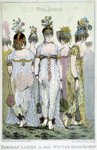 Maravilhoso: Mulheres parisienses em seus vestidos de inverno para 1800, desenhos animados ingleses. de English School