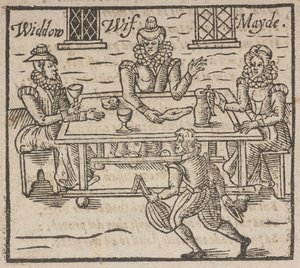 Corte de madeira mostrando mulheres sentadas à mesa, uma viúva, esposa e empregada de English School