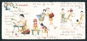 Bonecos de madeira patinação no gelo e jogar, cartão de Natal de English School
