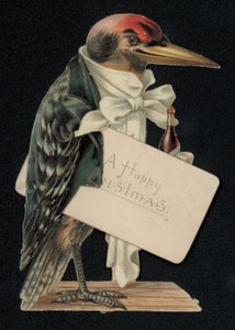 Pica-pau vestido de garçom ou mordomo, cartão de felicitações de Natal (chromolitho) de English School