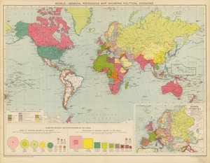 Mundo, mapa de referência geral com divisões políticas (litografia a cores) de English School
