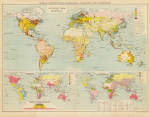Mundo, profissões, línguas comerciais e moedas (litografia a cores) de English School