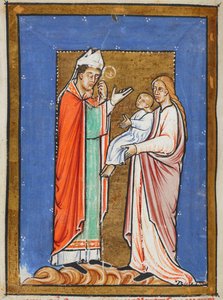 Yates Thompson 26 f.62v St. Cuthbert Healing a Child with the Plague, ilustração da 